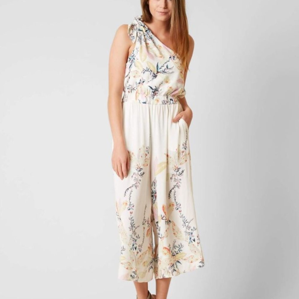 Free People Ivory Floral One Shoulder Jumpsuit Size M